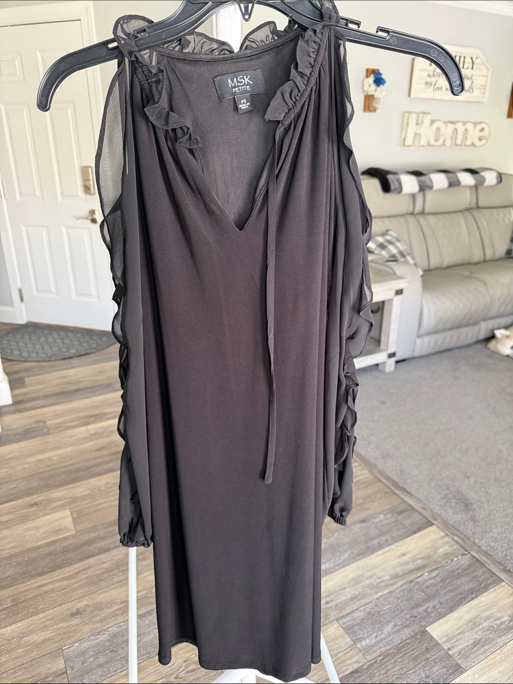 MSK Black Long-Sleeve Ruffle-Detail V-Neck Dress